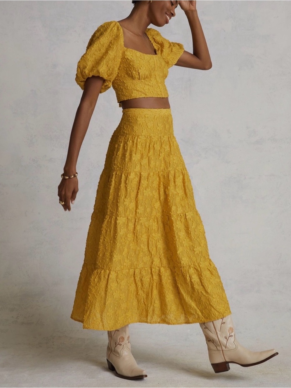 Anthropologie Tiered Maxi Skirt & Matching Top in sunflower yellow